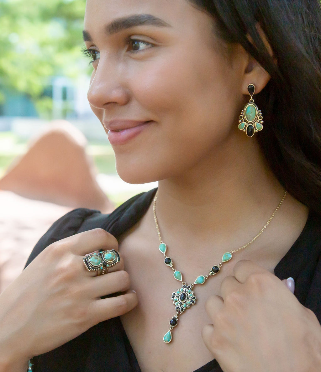 Barcelona Blue Turquoise and Black Onyx Post Drop Golden Earrings | Earrings | Wiccan Center