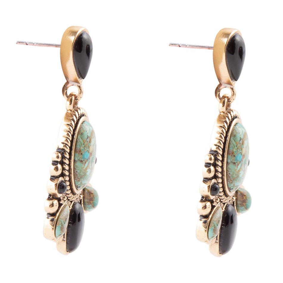 Barcelona Blue Turquoise and Black Onyx Post Drop Golden Earrings | Earrings | Wiccan Center