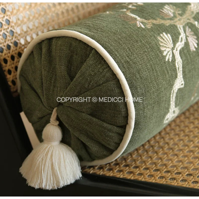Luxury Bamboo Embroidery Cylindrical Bolster Cover (16×57cm) – Chinoiserie Neck Roll & Daybed Cushion Case | Pillowcases | Wiccan Center