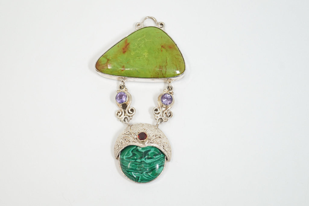 Vintage Turquoise Amethyst Malachite Garnet Sterling Silver Moon Face Pendant | Jewelry > Necklaces > Pendants | Wiccan Center