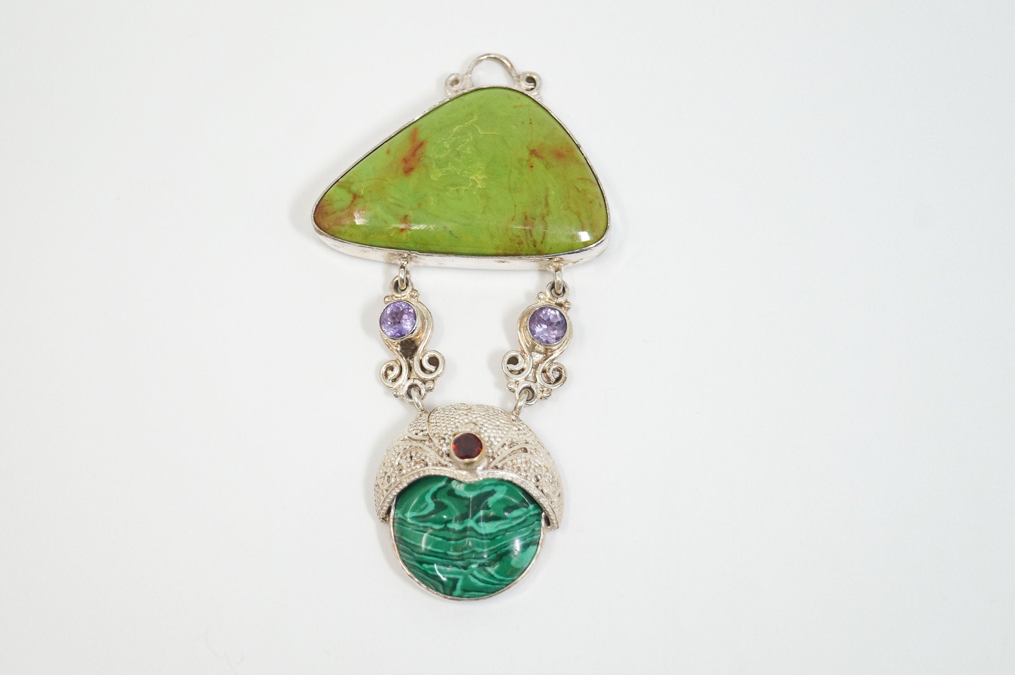 Vintage Turquoise Amethyst Malachite Garnet Sterling Silver Moon Face Pendant | Jewelry > Necklaces > Pendants | Wiccan Center