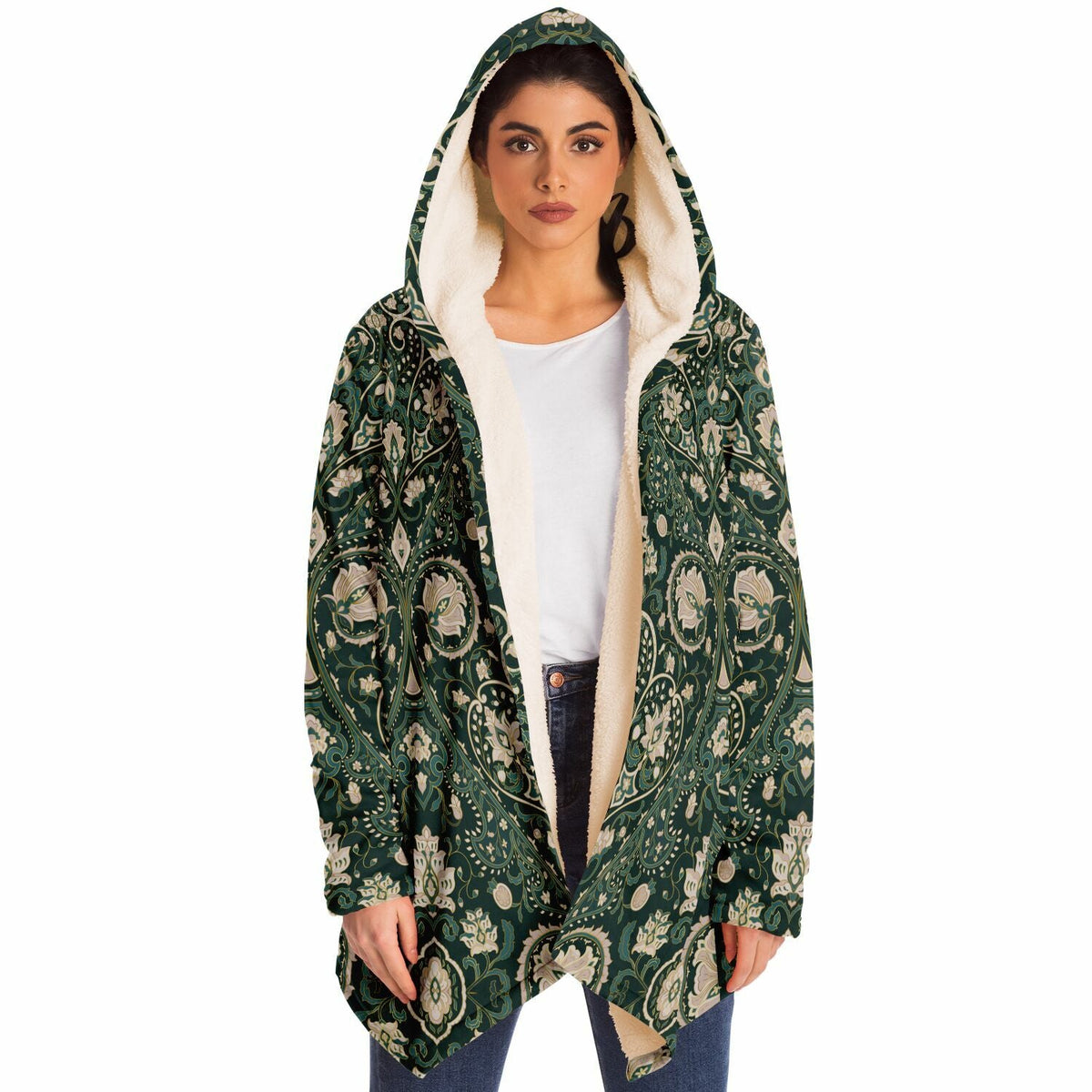Green Persian Carpet Cuddle Cloak | Unisex Minky Sherpa Lined Coat with Hood, Zipper and Pockets | Women and Mens Festival Coat | Mountain Fashion | Microfleece Cloak - AOP | Wiccan Center