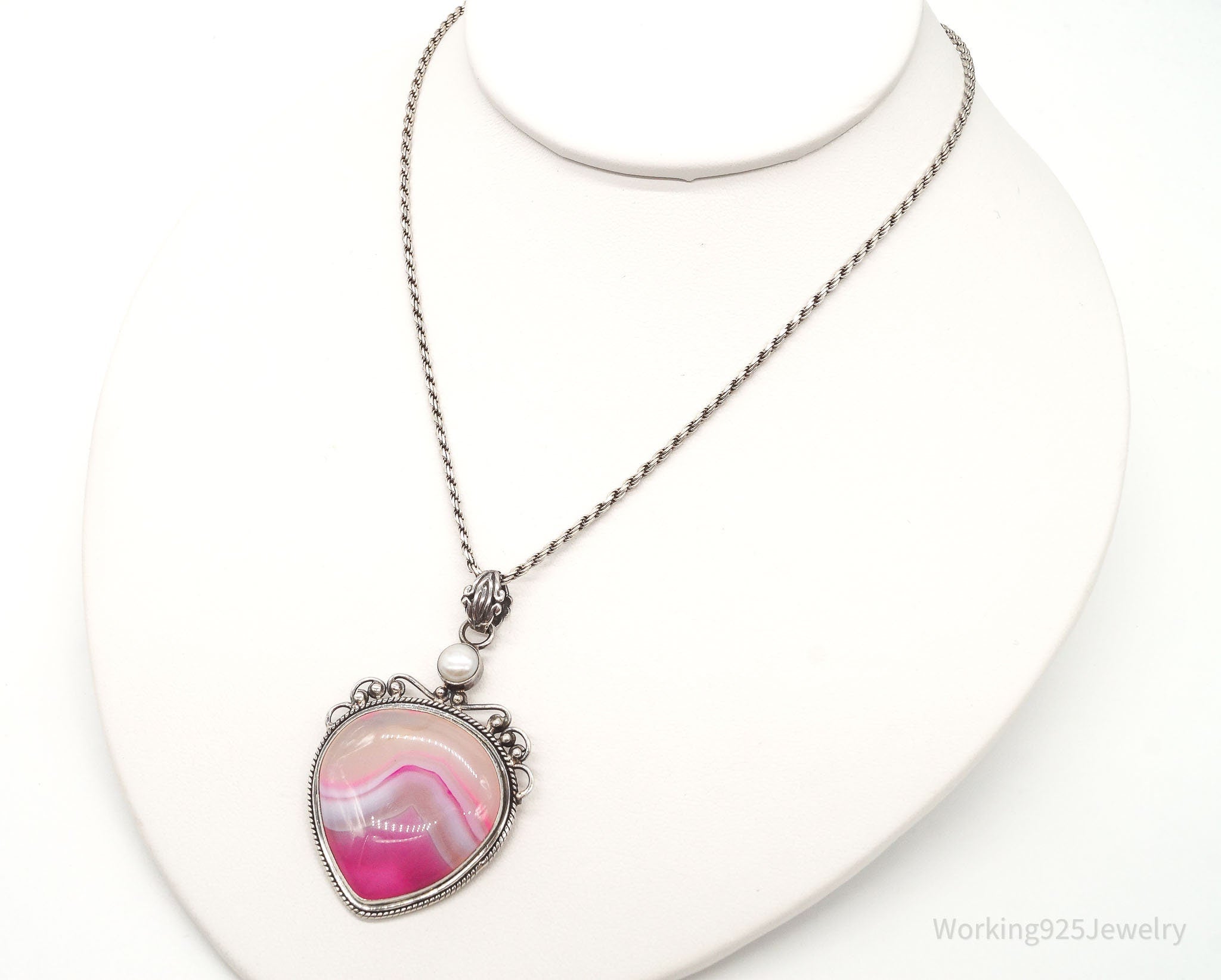 Vintage Large Pink Lace Agate & Pearl Sterling Silver Necklace | Jewelry > Necklaces > Pendants | Wiccan Center