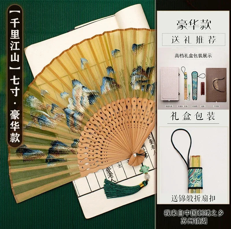 Chinese Embroidery Style Bamboo Folding Fan, Embroidery Female Silk Fan, Silk Fan Chinese Style