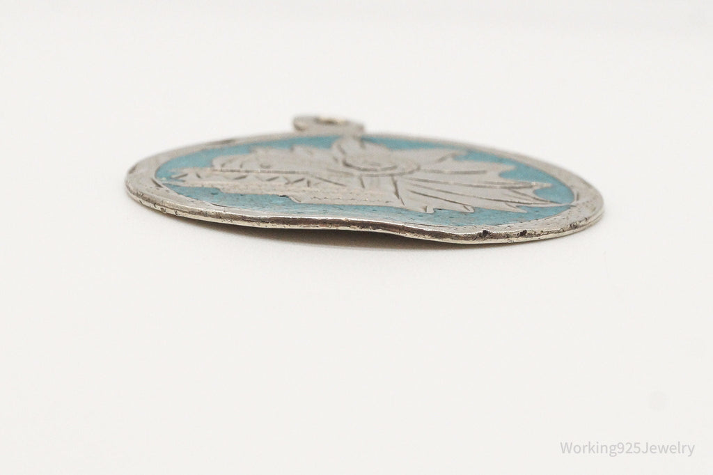 Vintage Large Mexico Mayan Aztec Warrior Mask Turquoise Alpaca Silver Pendant | Jewelry > Necklaces > Pendants | Wiccan Center