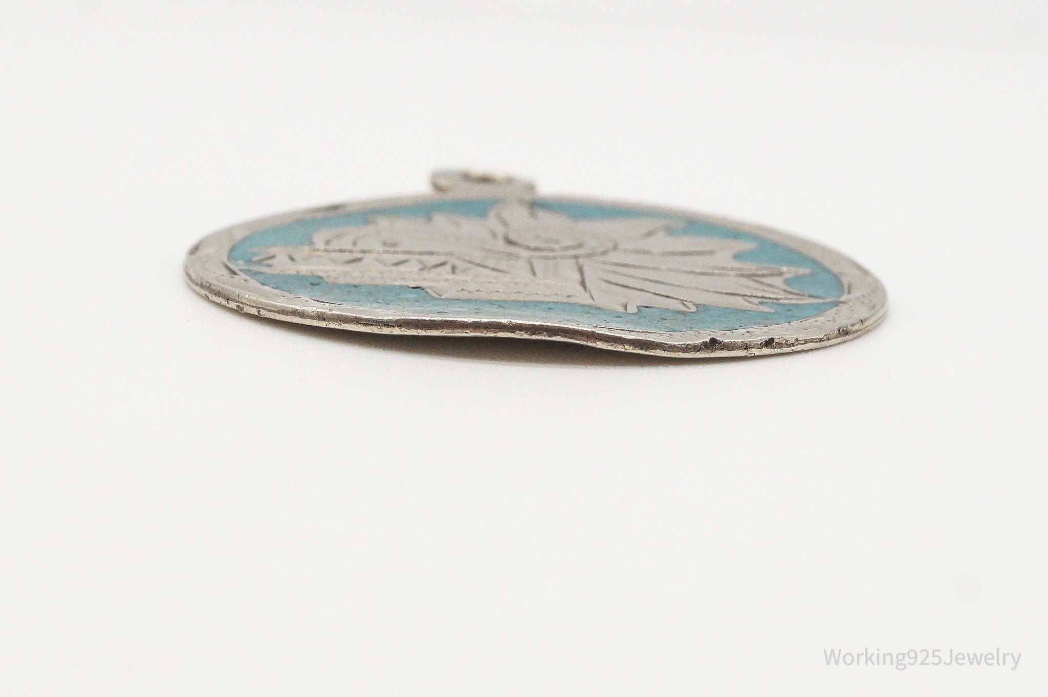 Vintage Large Mexico Mayan Aztec Warrior Mask Turquoise Alpaca Silver Pendant | Jewelry > Necklaces > Pendants | Wiccan Center