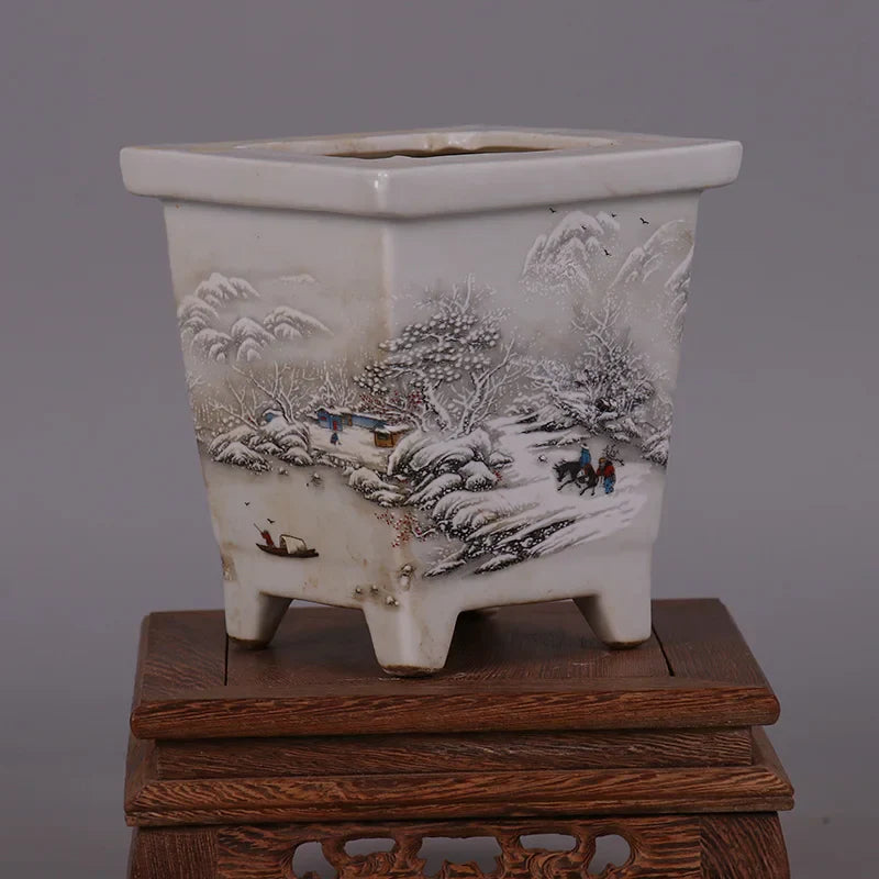 Chinese Snowscape Pastel Porcelain Flower Pots – Antique-Style Planters