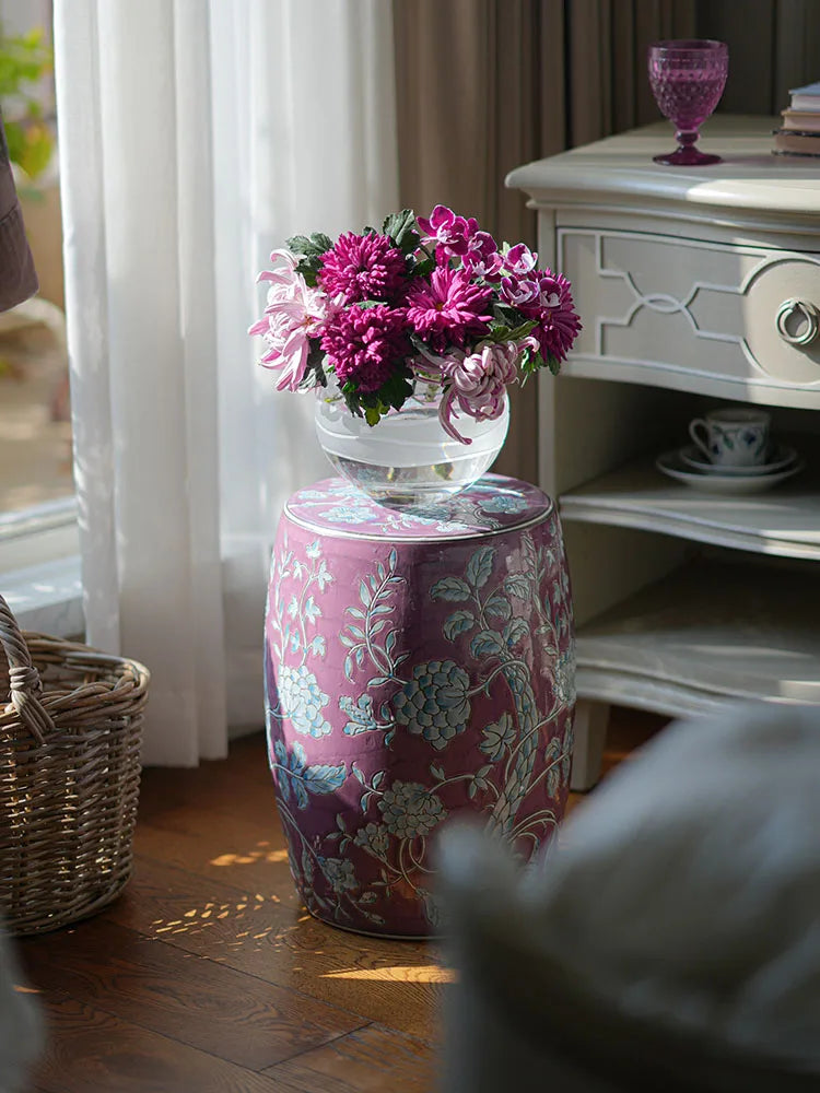 Hand-Painted Lavender Floral Ceramic Drum Stool | Botanical Accent Side Table | Drum stool | Wiccan Center