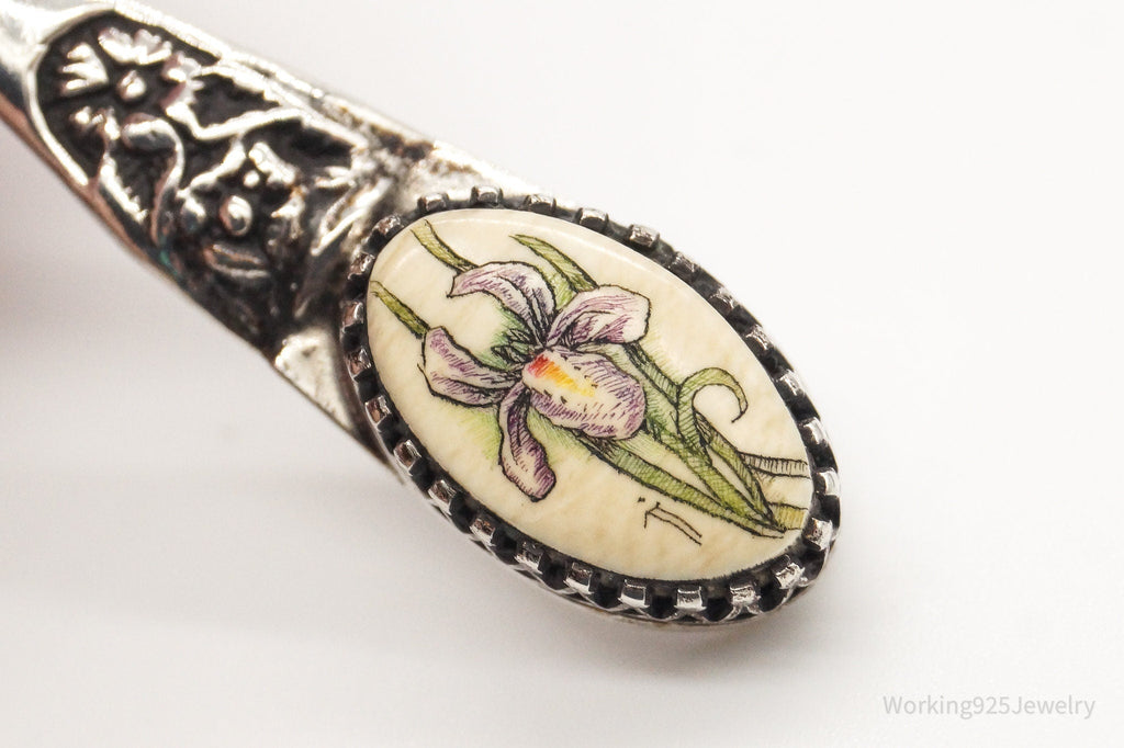 Antique Hand Painted Flower Faux Bone Sterling Silver Pendant | Jewelry > Necklaces > Pendants | Wiccan Center