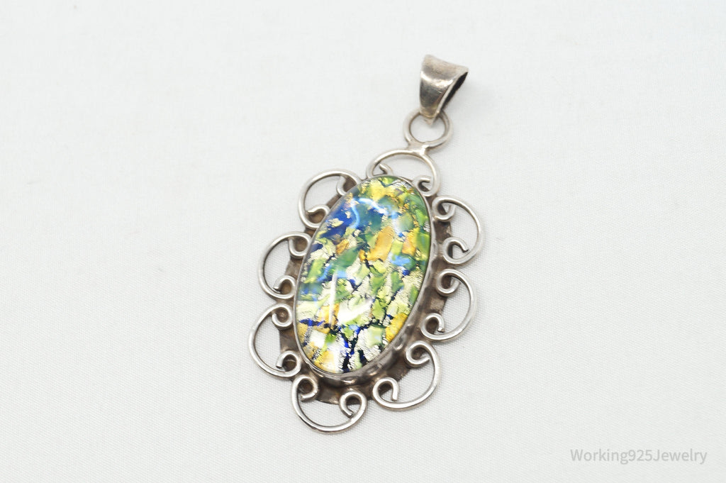 Vintage Large Mexico Dichroic Glass Flower Sterling Silver Necklace Pendant | Jewelry > Necklaces > Pendants | Wiccan Center