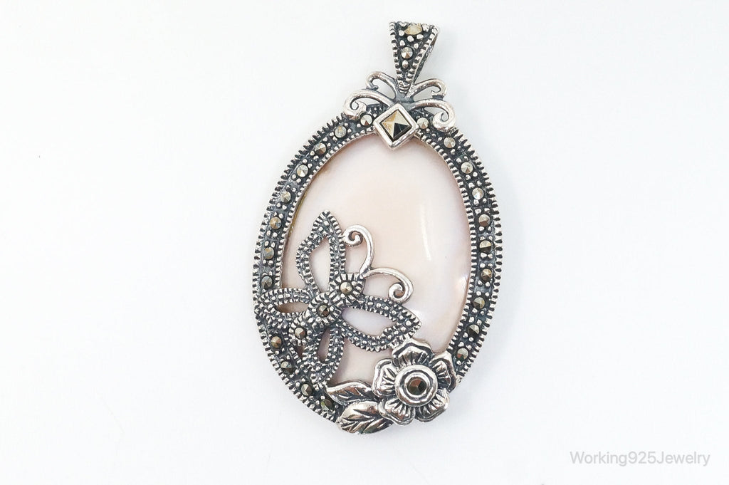 VTG Pink Mother of Pearl Marcasite Butterfly Flower Sterling Silver Pendant | Jewelry > Necklaces > Pendants | Wiccan Center