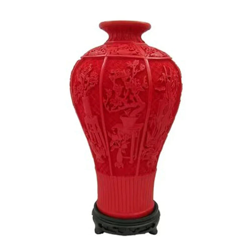 12" Chinese Red Lacquerware Auspicious Motif Vase | Vases | Wiccan Center