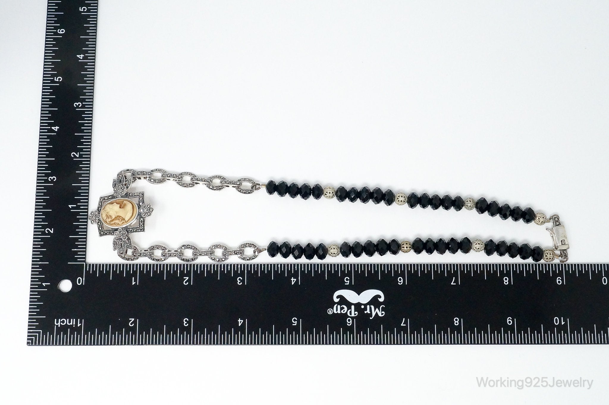 VTG Carved Cameo Shell Black Onyx Marcasite Sterling Silver Necklace | Jewelry > Necklaces > Pendants | Wiccan Center