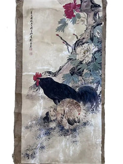 Liu Kuiling Rooster Scroll – “Fortune and Auspiciousness” Rice Paper Painting | Scroll Paintings | Wiccan Center