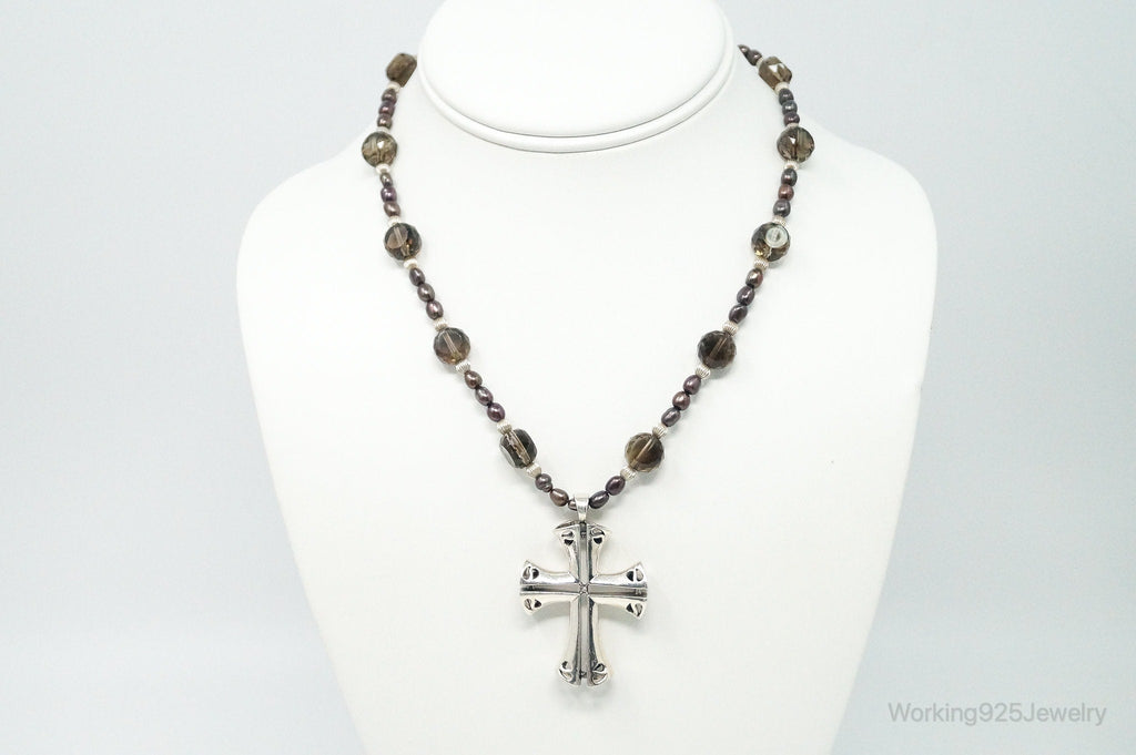 Designer Large Cross Smoky Topaz Pearl Sterling Silver Necklace | Jewelry > Necklaces > Pendants | Wiccan Center