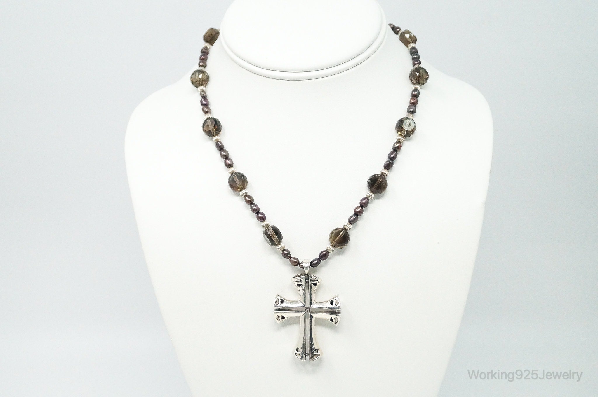 Designer Large Cross Smoky Topaz Pearl Sterling Silver Necklace | Jewelry > Necklaces > Pendants | Wiccan Center