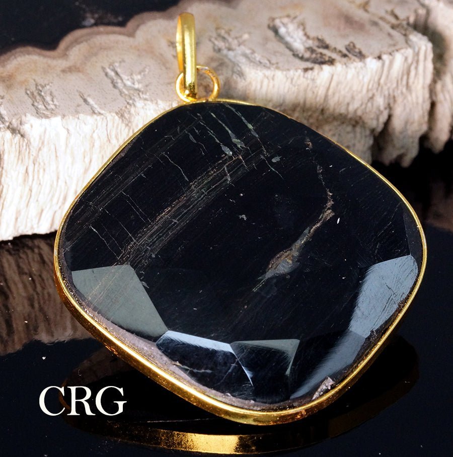 Black Agate Faceted Square Pendant with Gold Plating (1 Piece) Size 1.5 Inches
