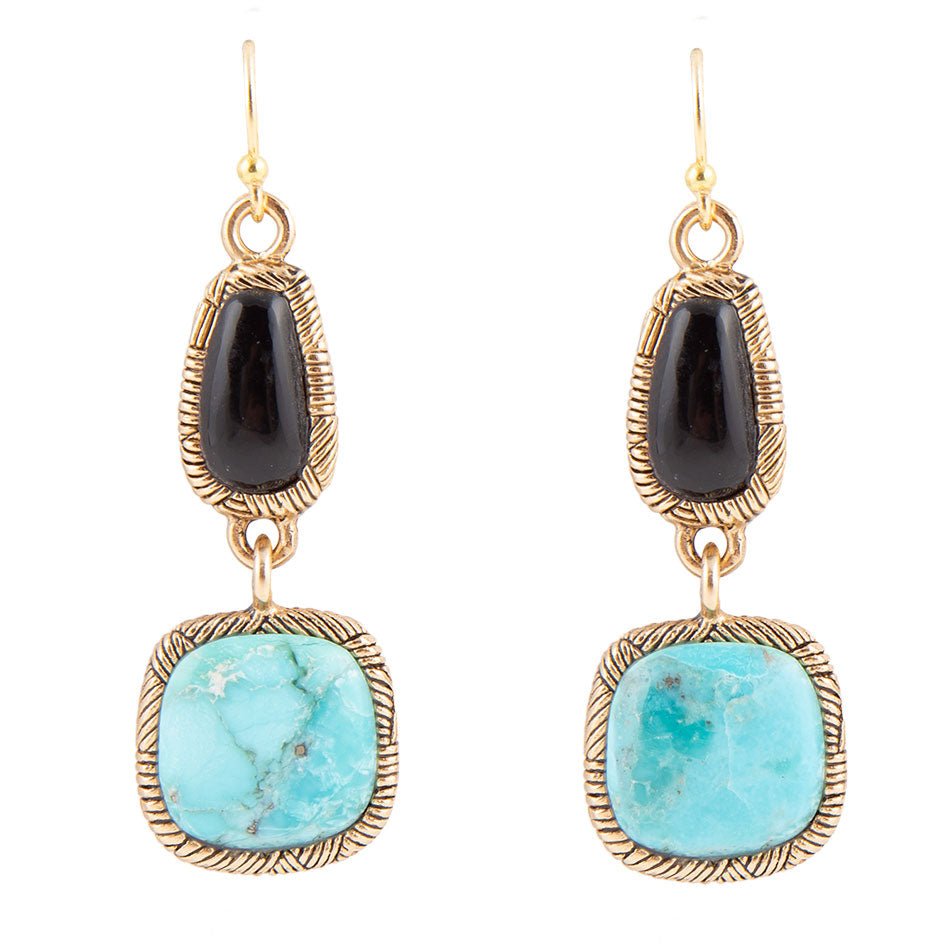 Black Onyx and Blue turquoise Golden Bronze Drop Earrings | Earrings | Wiccan Center
