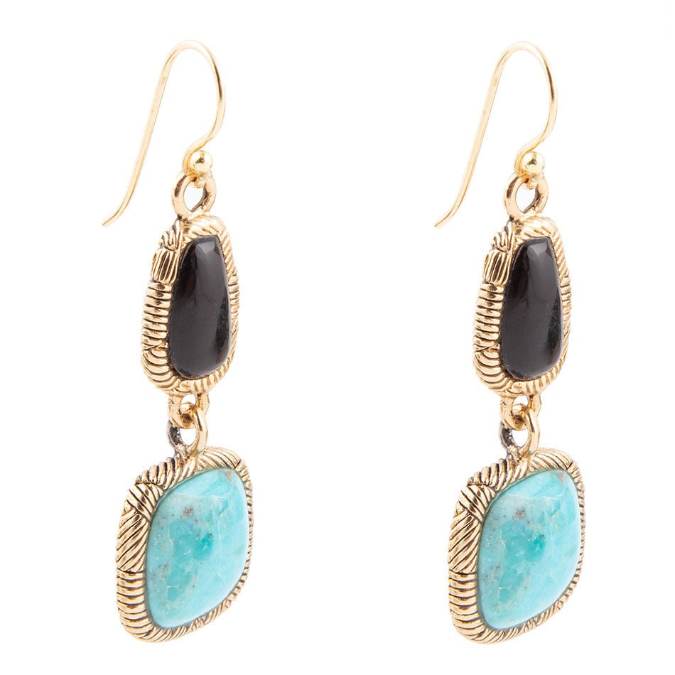 Black Onyx and Blue turquoise Golden Bronze Drop Earrings | Earrings | Wiccan Center