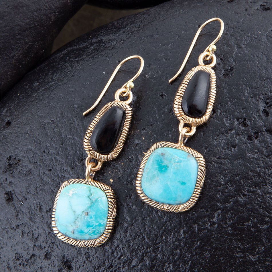 Black Onyx and Blue turquoise Golden Bronze Drop Earrings | Earrings | Wiccan Center