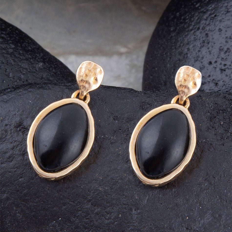 Black Onyx Hammered Post Drop Golden Earrings | Earrings | Wiccan Center