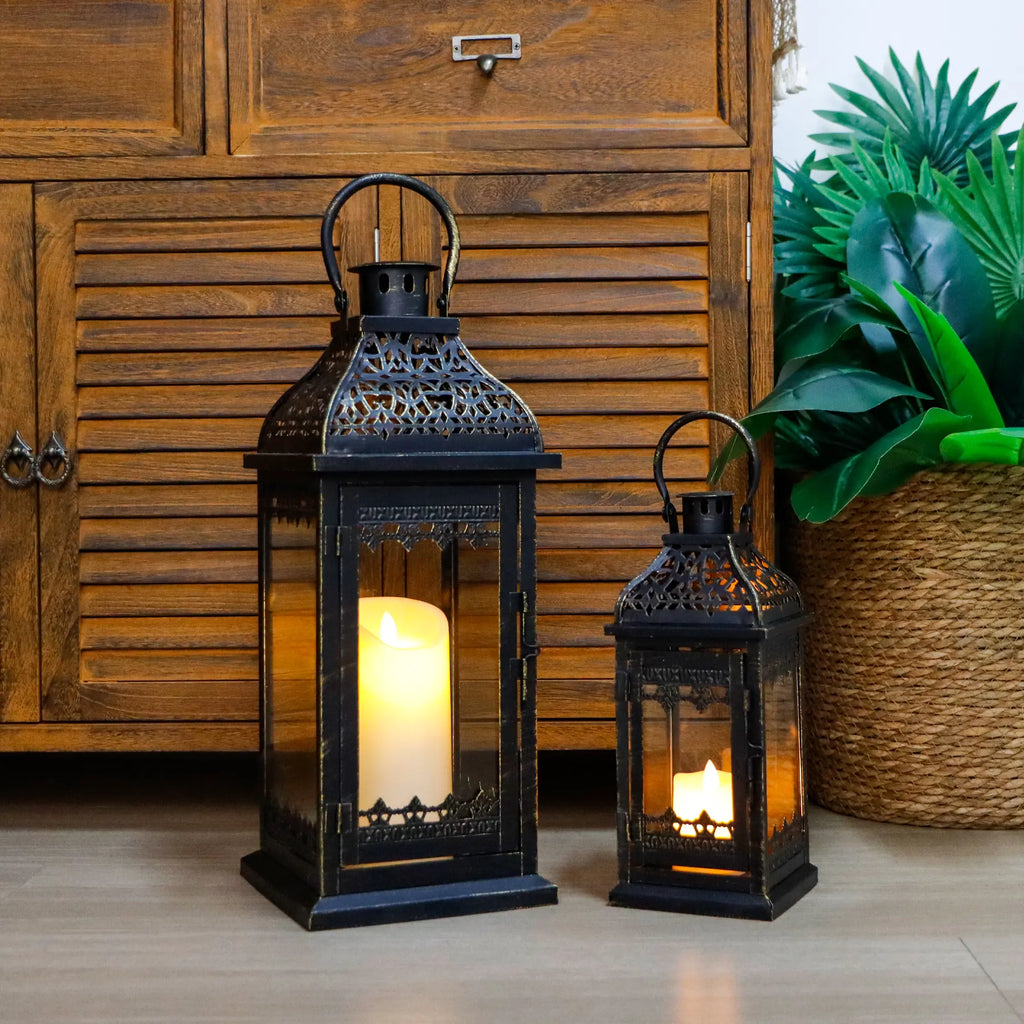 Set of 2 13''&19.5''H Candle Lanterns (Black Gold Brush) | Decorative Candle Lantern | Wiccan Center