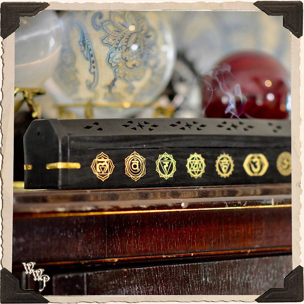 CHAKRA SYMBOLS BLACK COFFIN BOX. Wooden Incense Burner for Incense Stick & Cone Holder. | Tools & Accessories | Wiccan Center