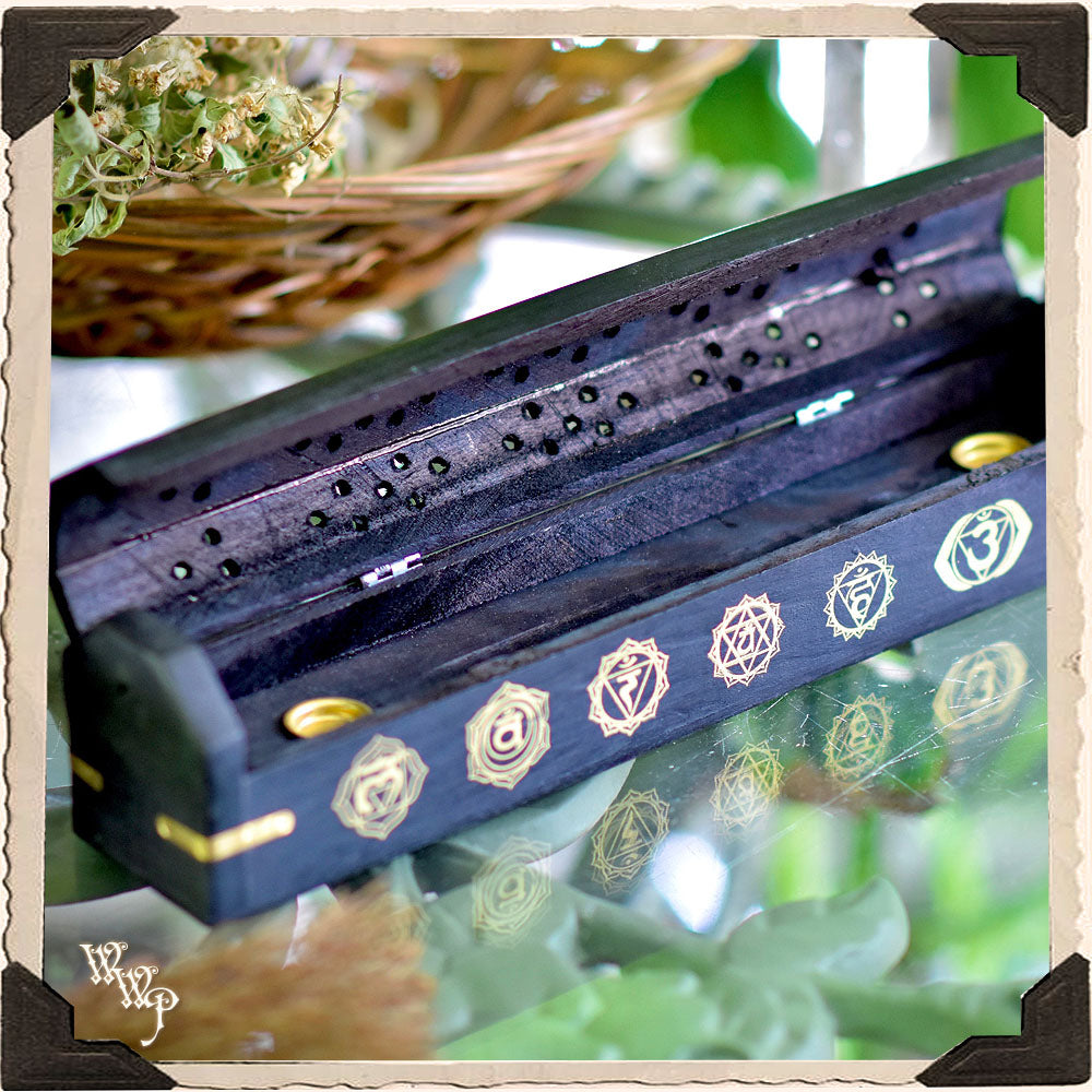 CHAKRA SYMBOLS BLACK COFFIN BOX. Wooden Incense Burner for Incense Stick & Cone Holder. | Tools & Accessories | Wiccan Center