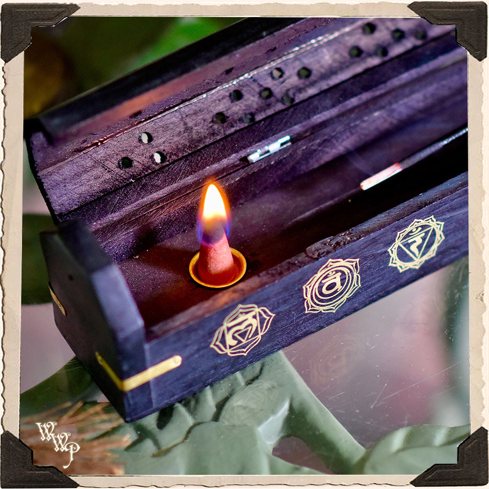 CHAKRA SYMBOLS BLACK COFFIN BOX. Wooden Incense Burner for Incense Stick & Cone Holder. | Tools & Accessories | Wiccan Center