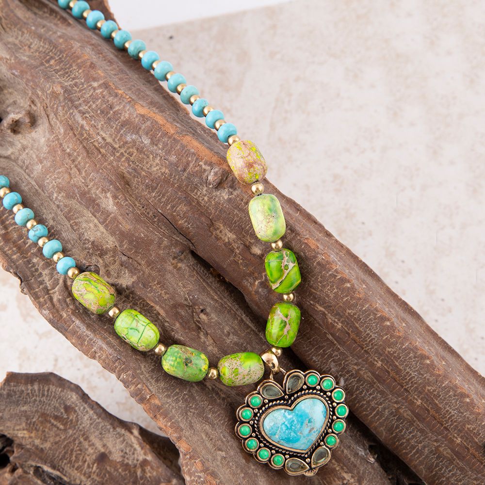 Legacy Heart Lime Green and Blue Turquoise Golden Pendant Necklace | Necklace | Wiccan Center