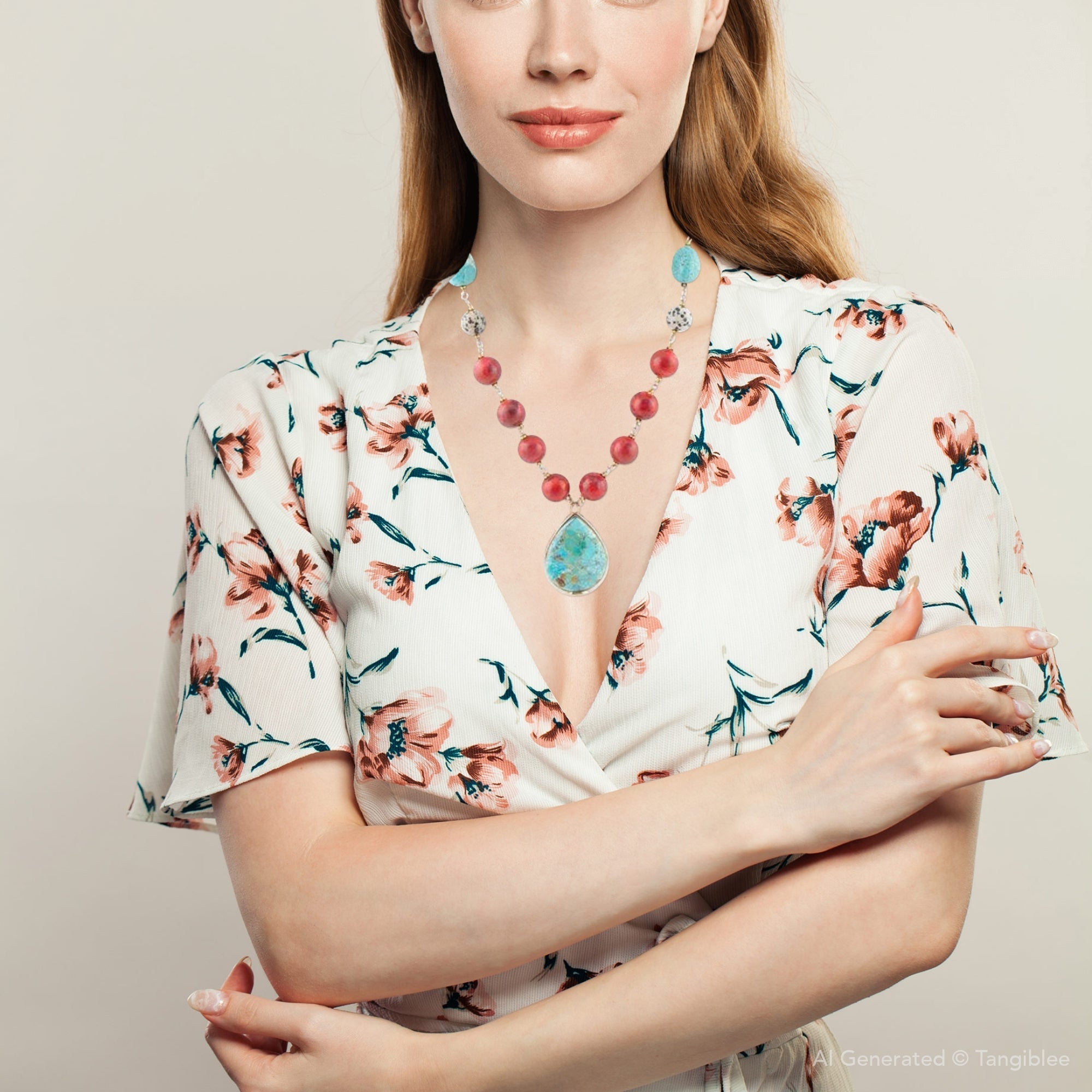 Blue and Red Turquoise Teardrop Golden Necklace | Necklaces | Wiccan Center