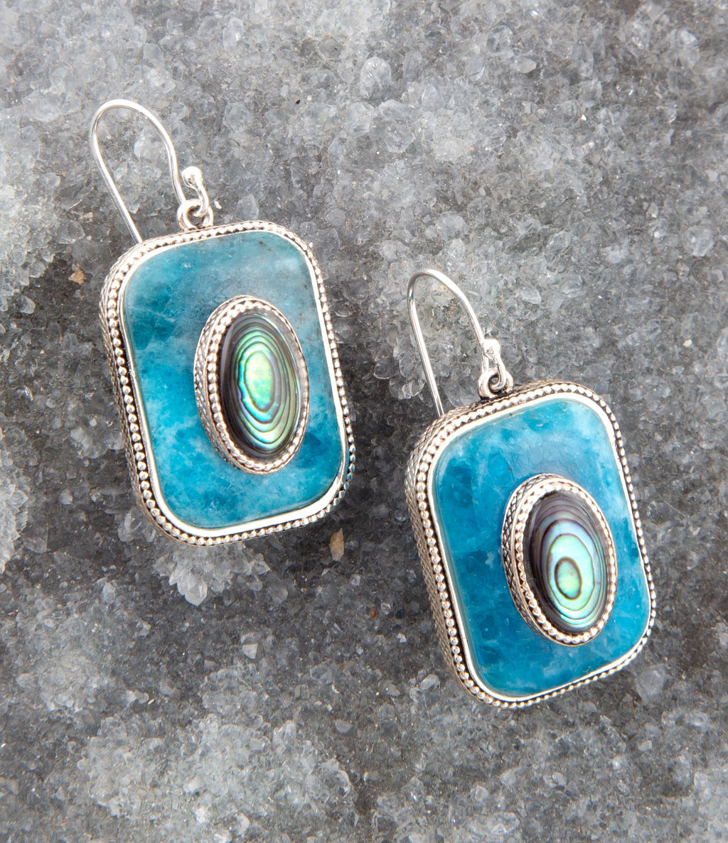 Blue Apatite and Abalone Stacked Sterling Silver Earrings | Earrings | Wiccan Center