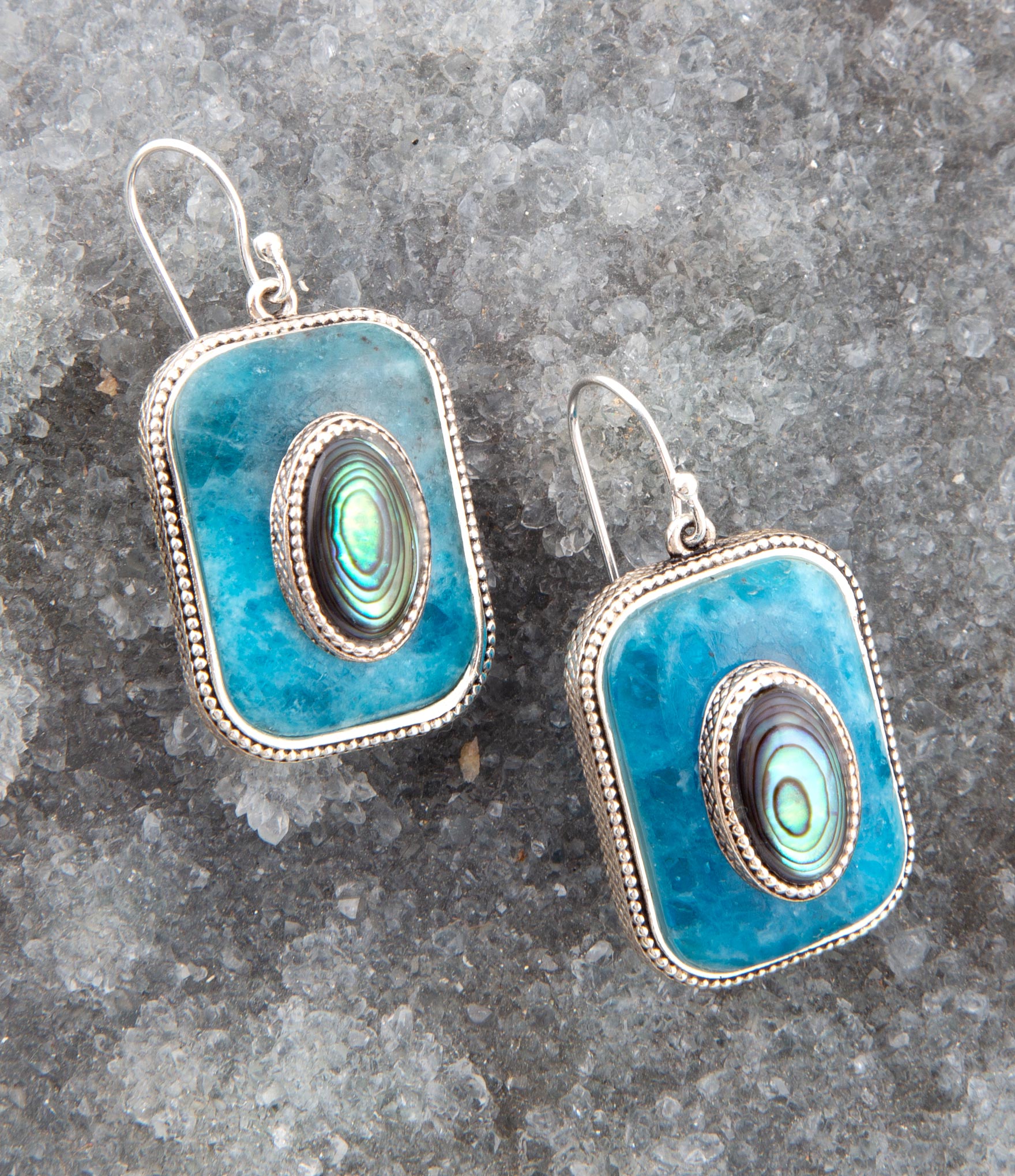 Blue Apatite and Abalone Stacked Sterling Silver Earrings | Earrings | Wiccan Center