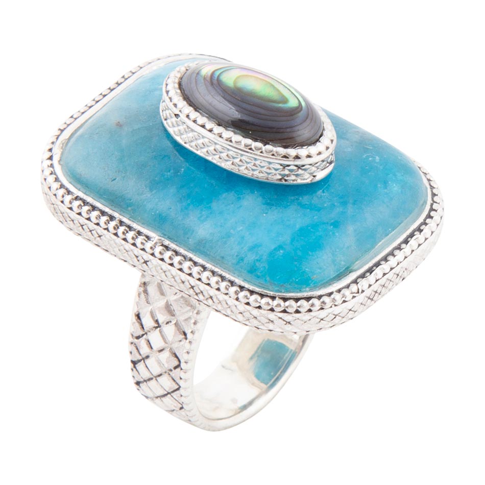 Blue Apatite and Abalone Stacked Sterling Silver Ring | Rings | Wiccan Center
