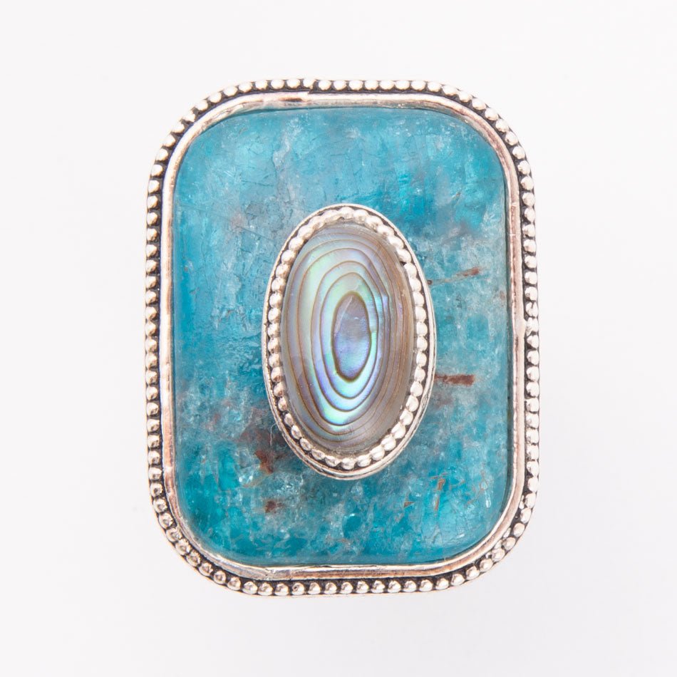 Blue Apatite and Abalone Stacked Sterling Silver Ring | Rings | Wiccan Center