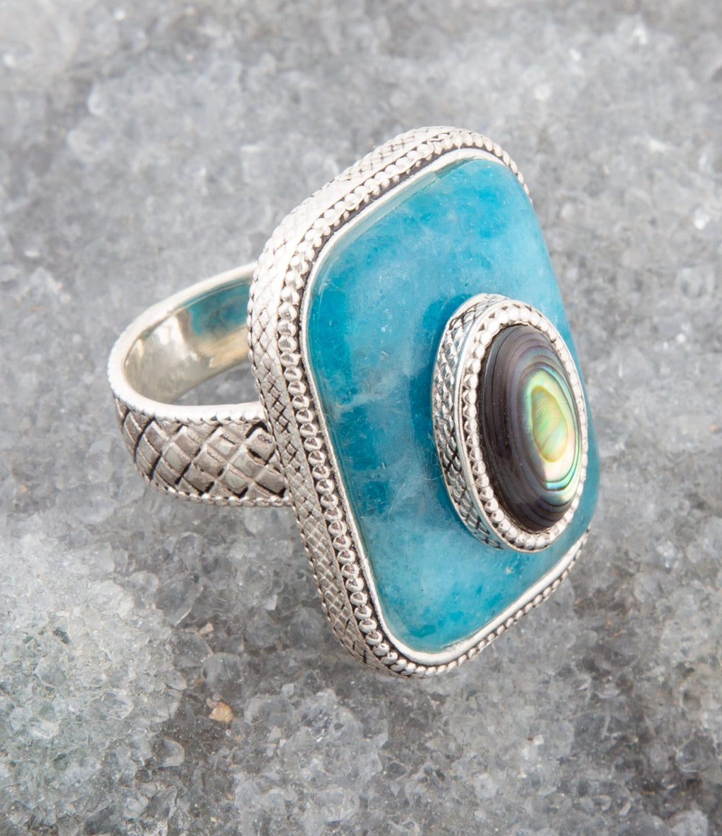 Blue Apatite and Abalone Stacked Sterling Silver Ring | Rings | Wiccan Center