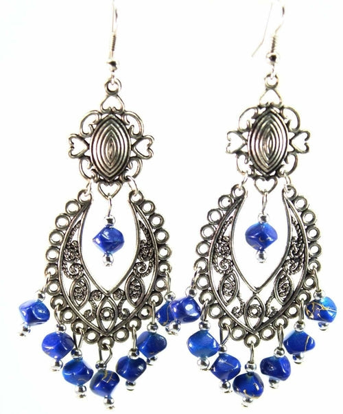 Blue Boho Scrollwork Silver Tone Dangle Statement Earrings | Earrings | Wiccan Center