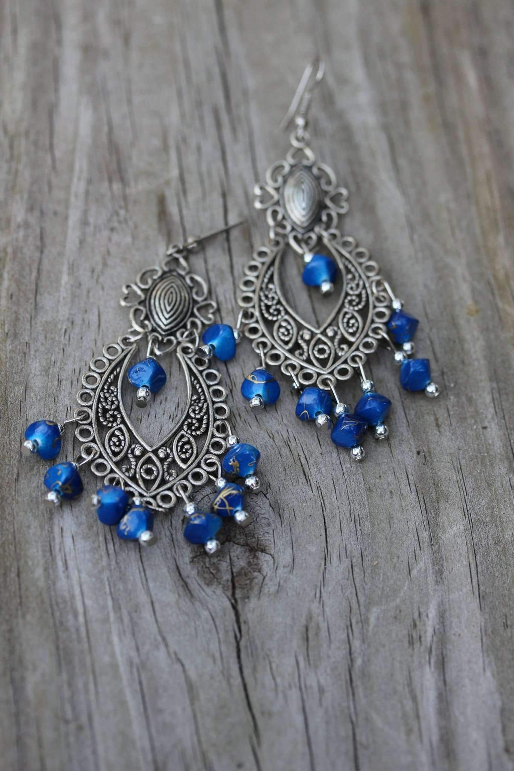 Blue Boho Scrollwork Silver Tone Dangle Statement Earrings | Earrings | Wiccan Center