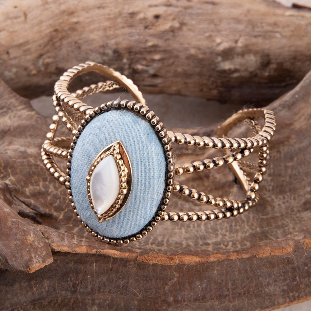 Blue Denim Dreams White Mother of Pearl Golden Cuff Bracelet | Bracelets | Wiccan Center