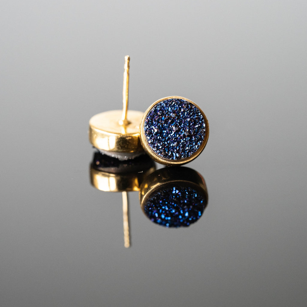 Blue Druzy 10mm Round Stud Earrings Gold Plated Minimalist | Jewelry & Watches | Wiccan Center
