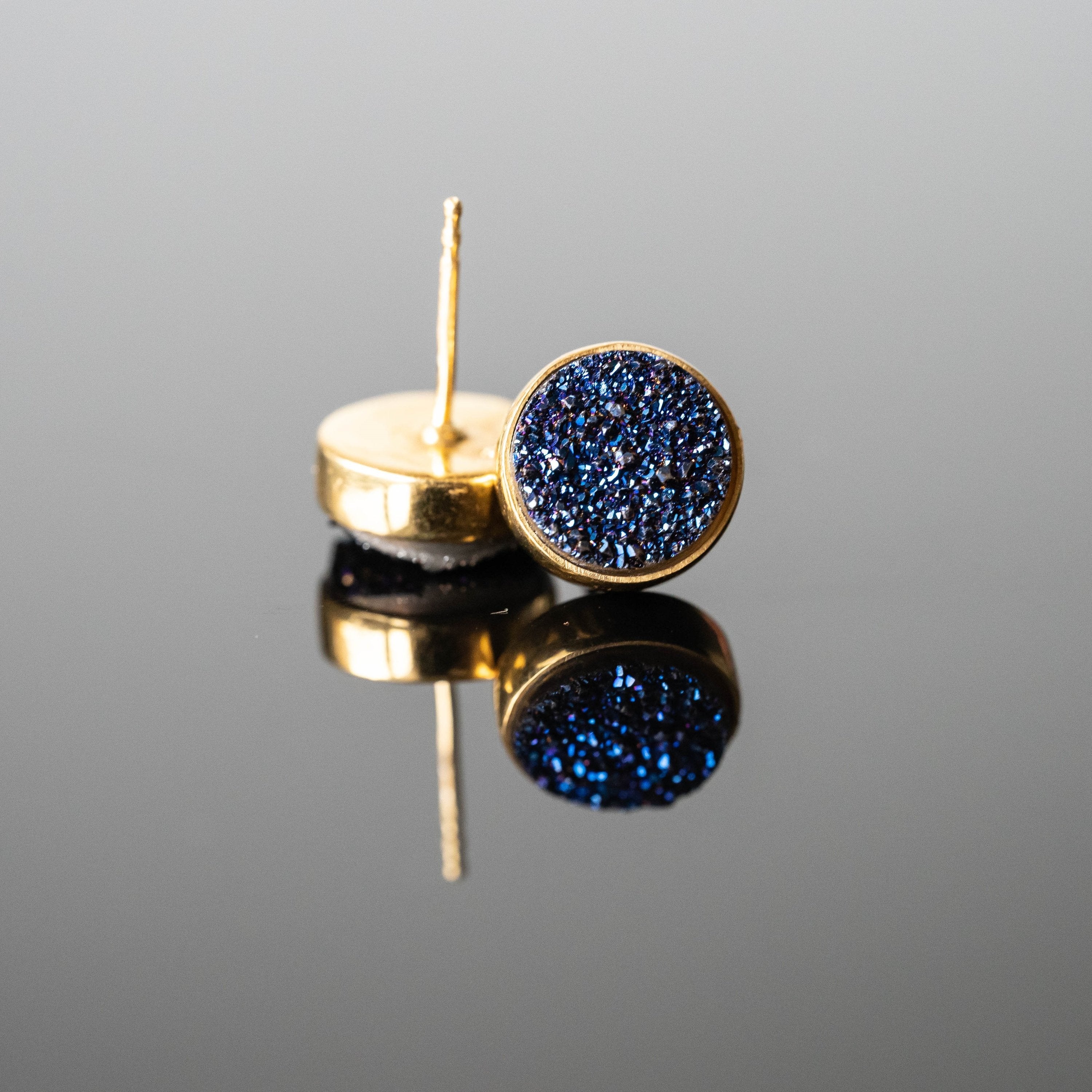 Blue Druzy 10mm Round Stud Earrings Gold Plated Minimalist | Jewelry & Watches | Wiccan Center