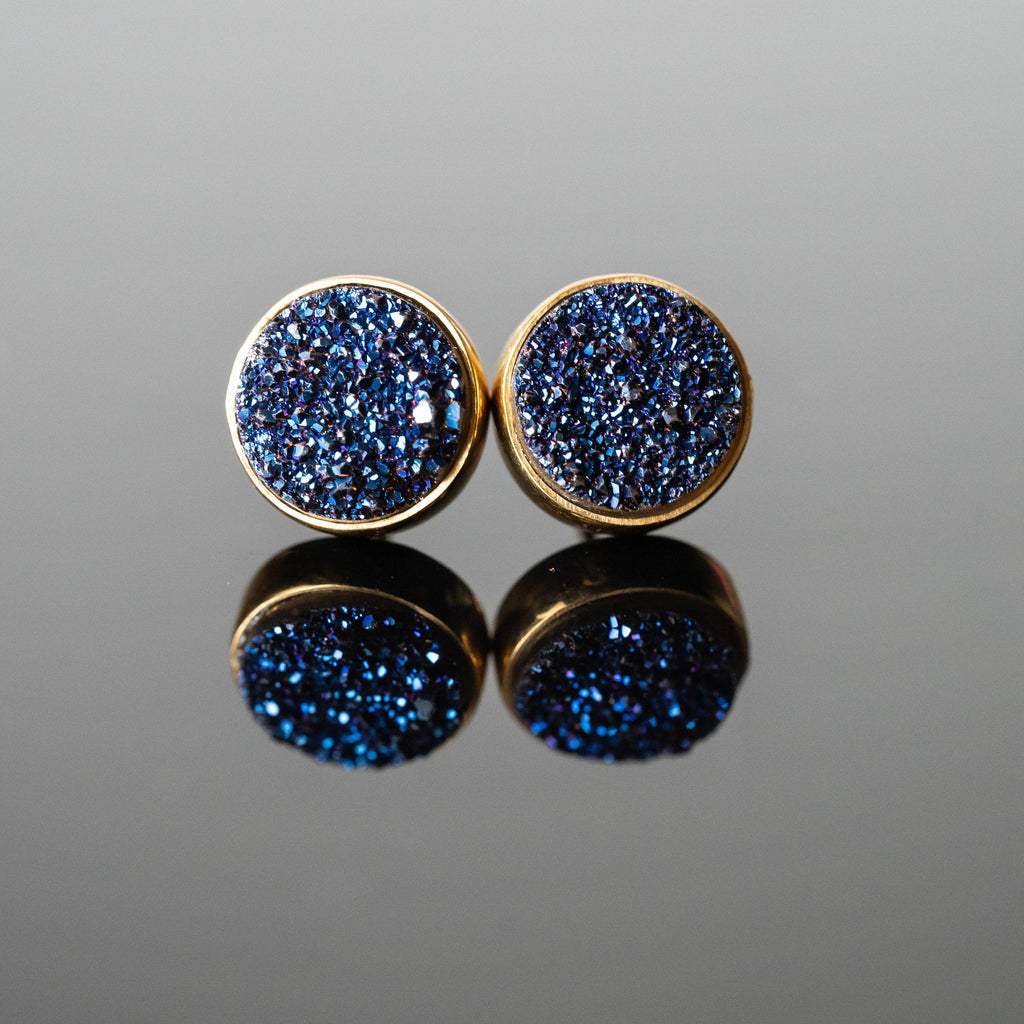 Blue Druzy 10mm Round Stud Earrings Gold Plated Minimalist | Jewelry & Watches | Wiccan Center