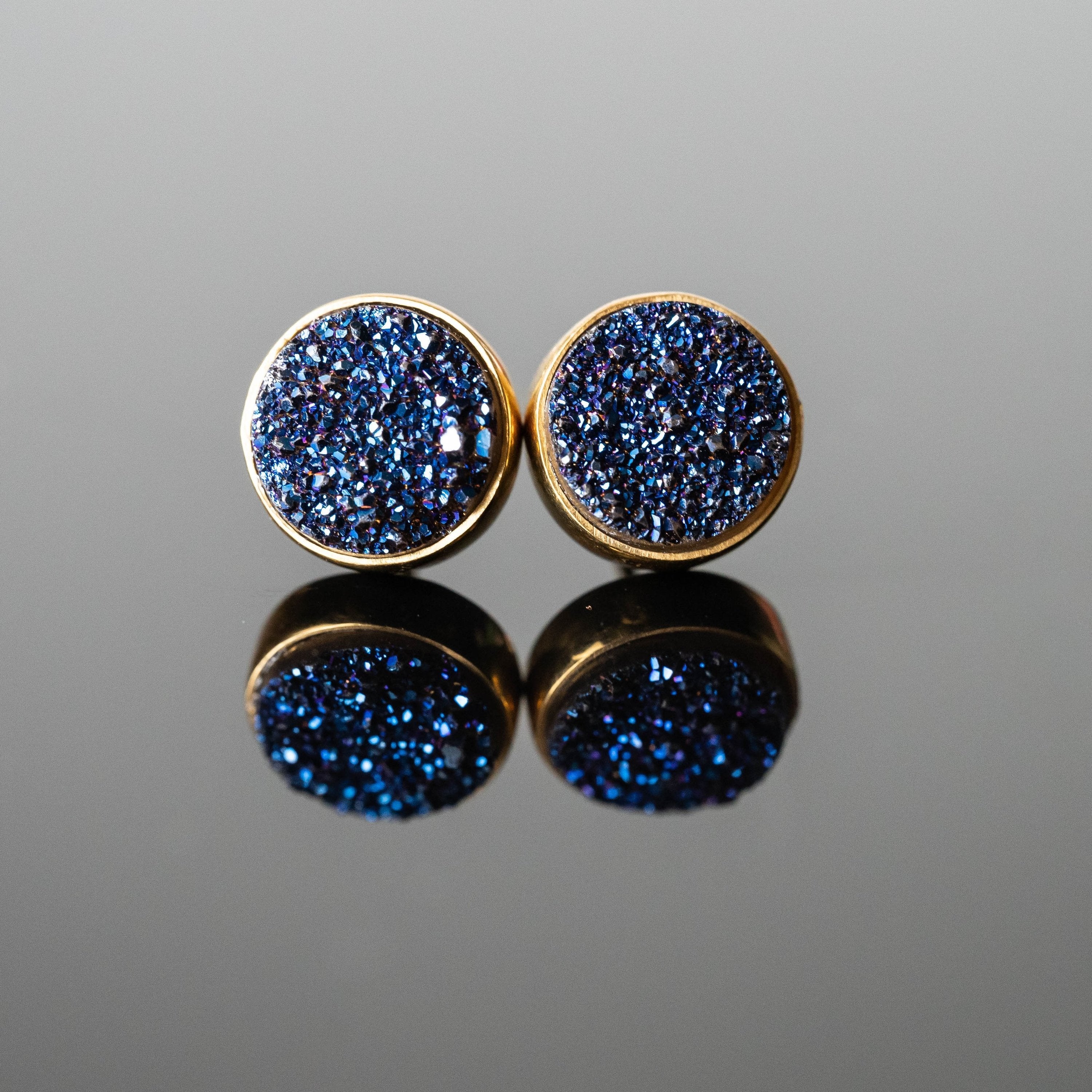 Blue Druzy 10mm Round Stud Earrings Gold Plated Minimalist | Jewelry & Watches | Wiccan Center