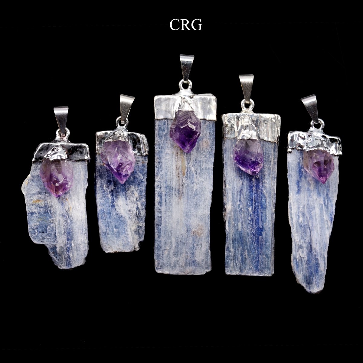 Blue Kyanite Blade Pendant with Amethyst and Silver Plating (4 Pieces) Size 2.5 to 3.5 Inches Crystal Jewelry Charm | Blue Kyanite | Wiccan Center