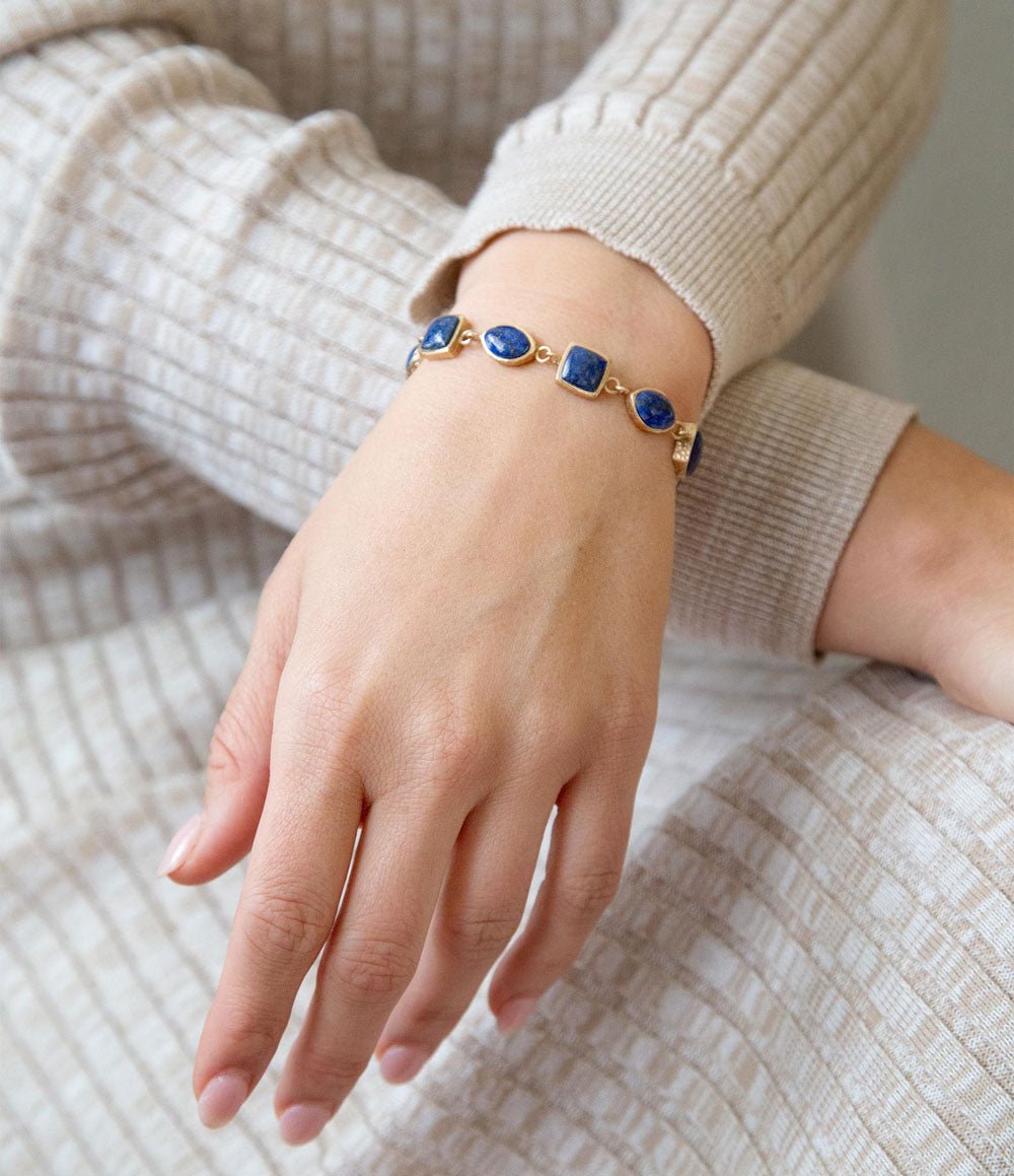 Blue Lapis Hammered Link Golden Bracelet | Earrings | Wiccan Center