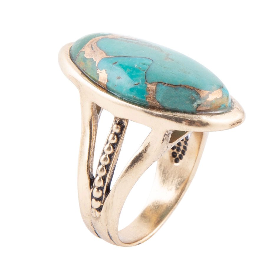 Blue Turquoise and Bronze Matrix Golden Oval Ring | Rings | Wiccan Center