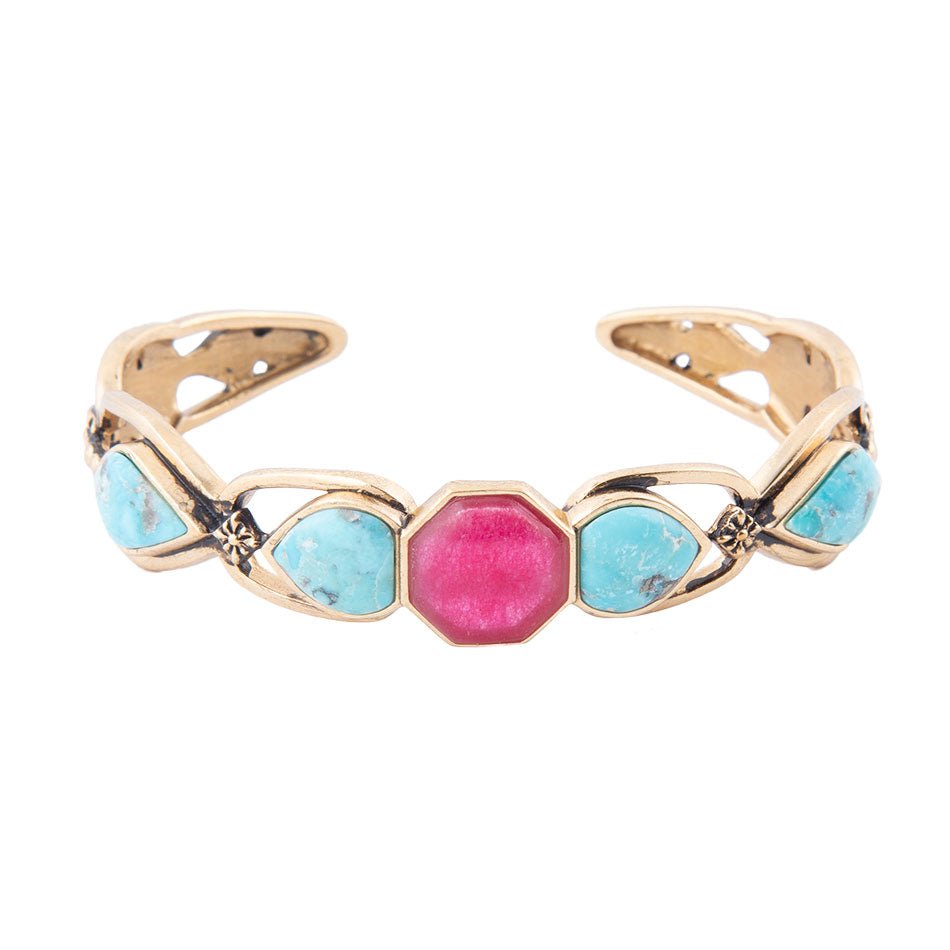Blue Turquoise and Red Quartz Golden Cuff Bracelet | Bracelets | Wiccan Center