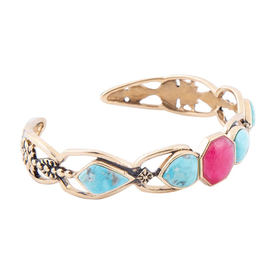 Blue Turquoise and Red Quartz Golden Cuff Bracelet | Bracelets | Wiccan Center