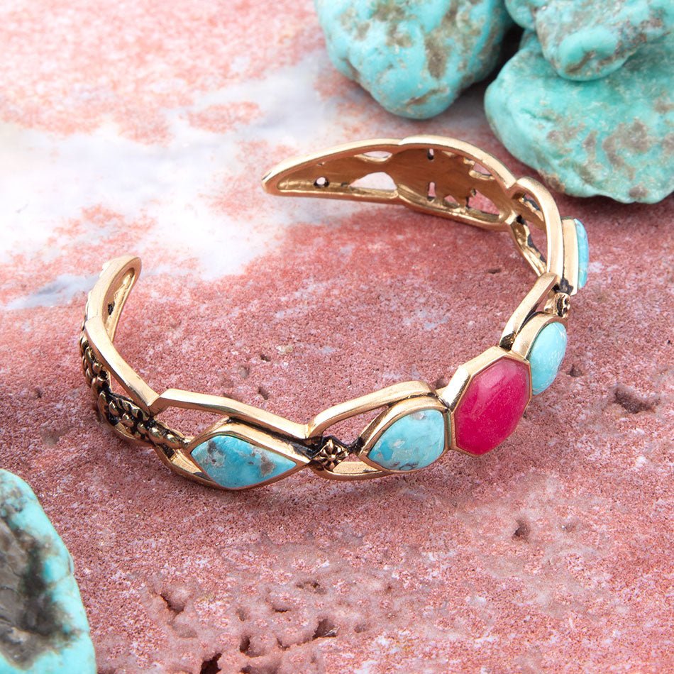 Blue Turquoise and Red Quartz Golden Cuff Bracelet | Bracelets | Wiccan Center