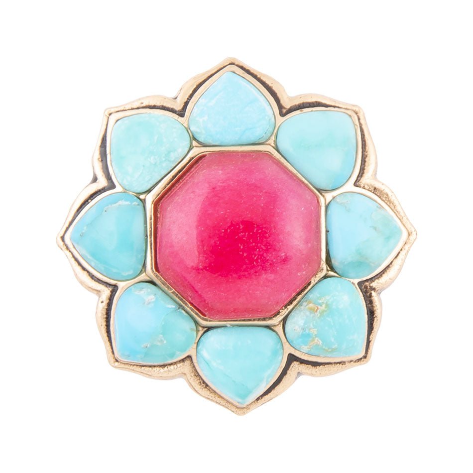 Blue Turquoise and Red Quartz Flower Golden Ring | Rings | Wiccan Center